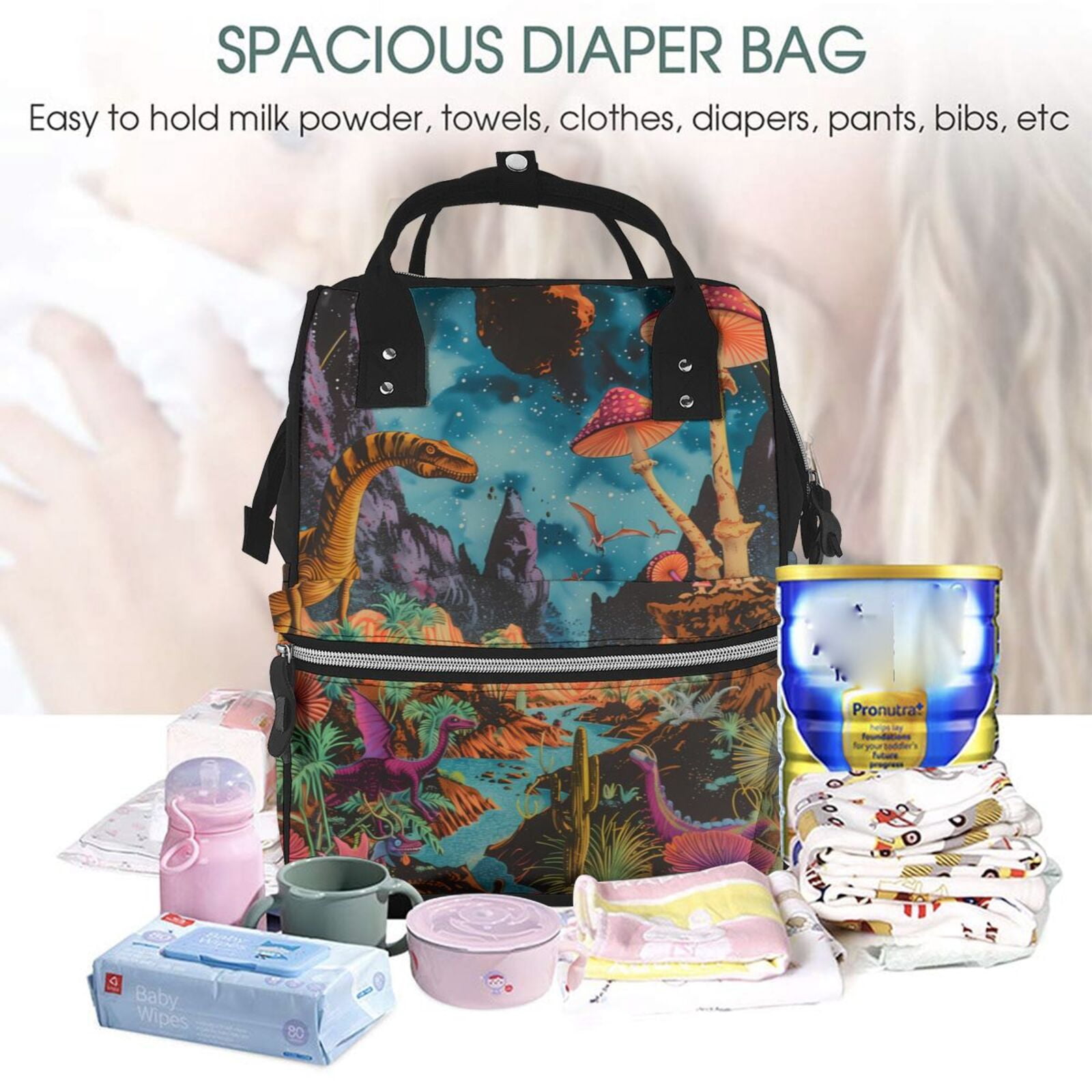 Fuzoiu Galactic Jungle Dinosaurs Print Diaper Bag Backpack,Baby Essentials Travel Tote,Multi function Waterproof Diaper Bag, Travel Essentials Baby Bag - Unisex