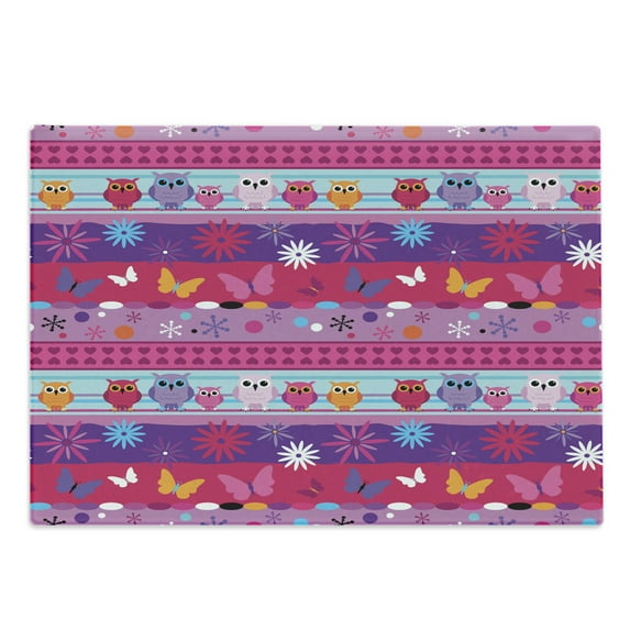 Owl Cutting Board, Striped Cartoon Style Pattern with Owls Flowers Butterflies Hearts and Snowflakes, Decorative Tempered Glass Cutting and Serving Board, Large Size, Multicolor, by Ambesonne