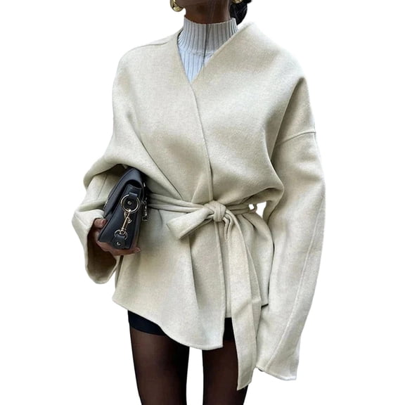 Women'S Cropped Wool Blend Pea Coat Wrap V Neck Belted Short Trench Overcoat Jacket Dressy Outwear Color L