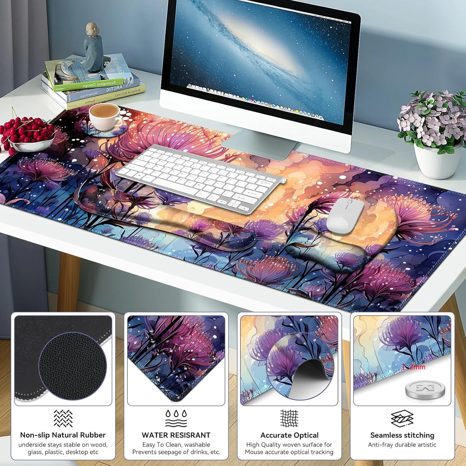 4 in 1 Large Mouse Pad, Keyboard Wrist Rest Set, Ergonomic Mouse Pad with Wrist Support, Desk Mat with Stitched Edges, Extended Desk Pad Waterproof Desk Mat for Home Office I Blossom Purple Flower