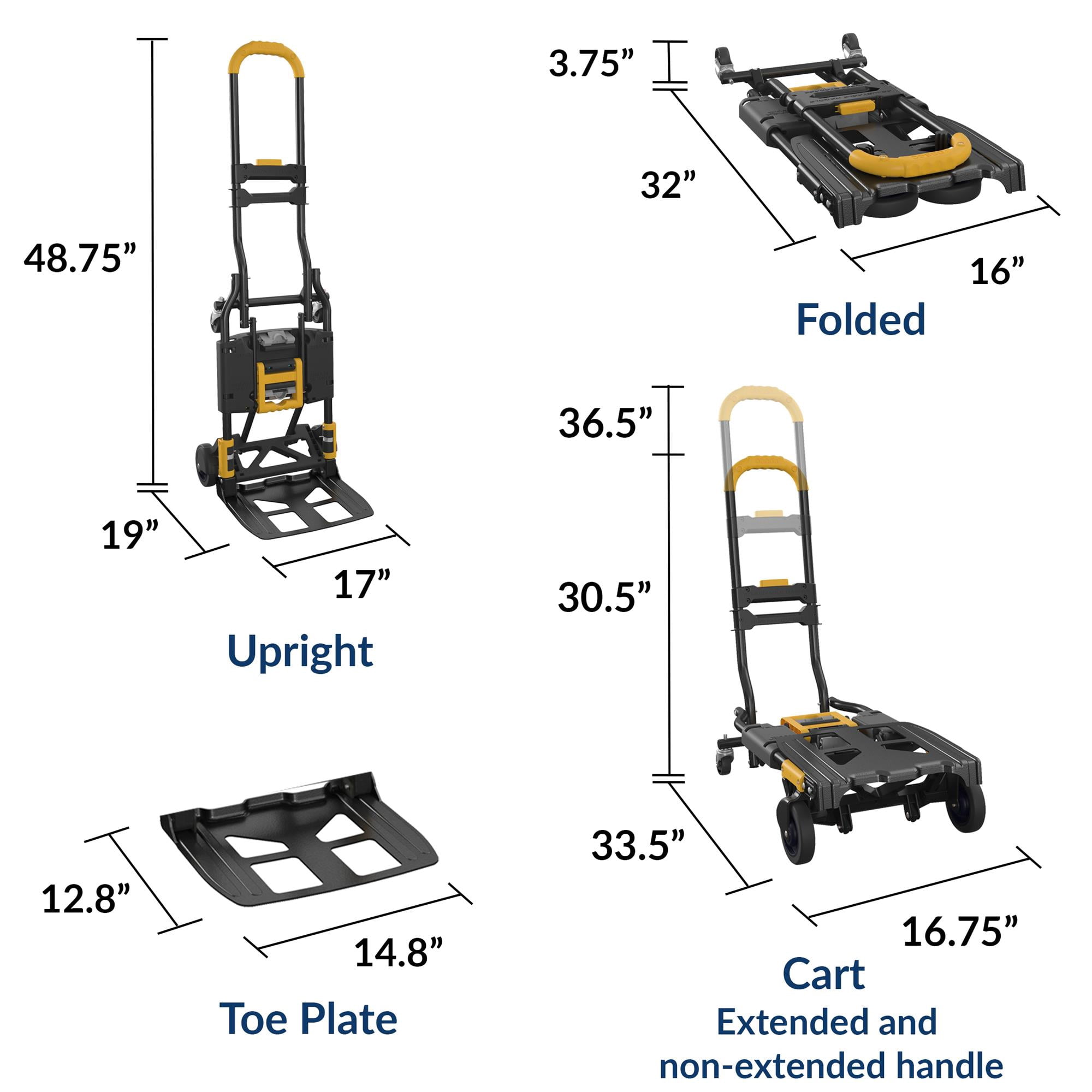 COSCO Shifter XL 2-in-1 Folding Hand Truck and Cart with Extendable Handle and Folding Toe Plate, Compact Steel Dolly with 300 lb Capacity, Ideal for Home, Office, or Travel Use, Black/Yellow
