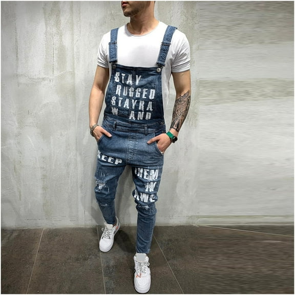 Awdenio Mens Full Length Pants Overalls Comfortable Fashion Hole Pocket Overall Jumpsuit Streetwear Overall Suspender Pants