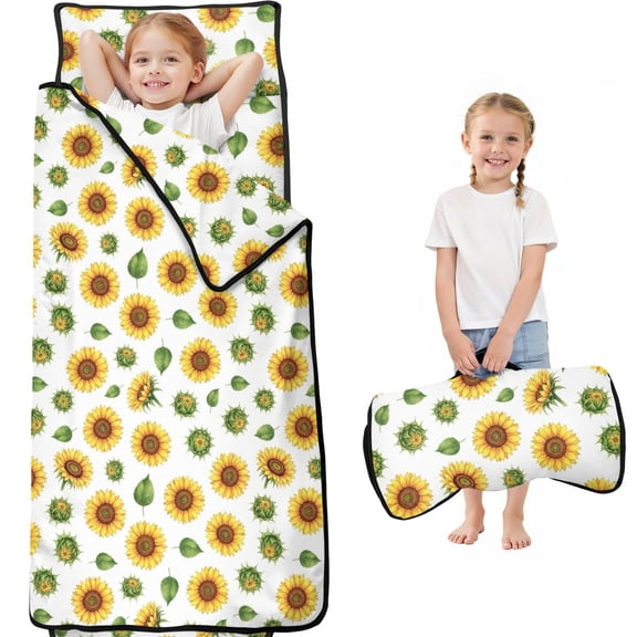Sunflower and Bud White Pattern Teens Toddler Nap Mat with Pillow, Sleeping Mat Bag for Preschool Daycare 59"x22"