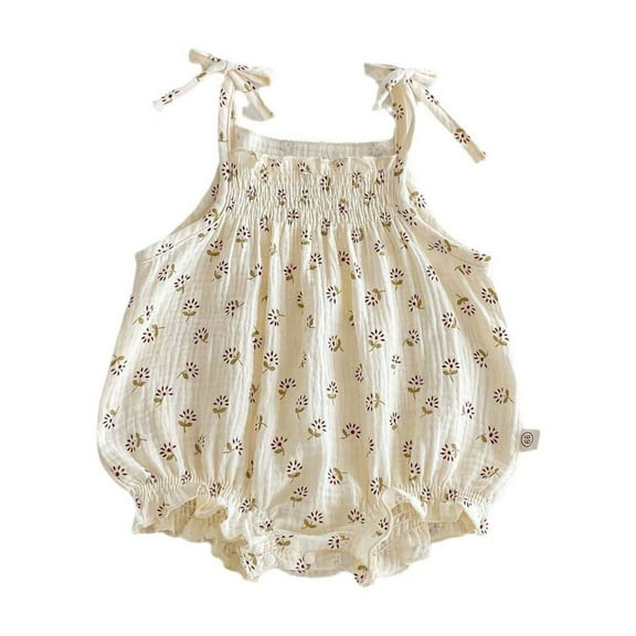 RUTAYY Girls Jumpsuit Summer Baby Lightweight Bow Tie Straps Top Solid Color Floral Wrap Dress Dress Classic Versatile Onesie, Beige, 6-12 Months