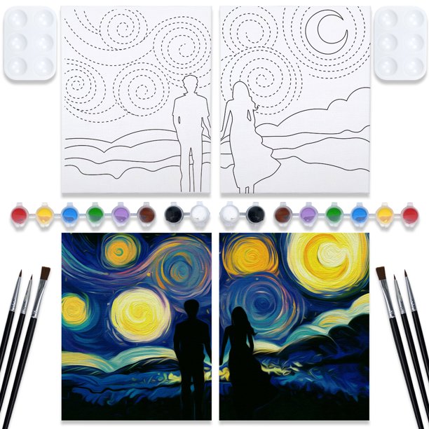 VOCHIC Couples Paint Party Kits Pre Drawn Canvas for Adults for Paint and Sip Date Night Games