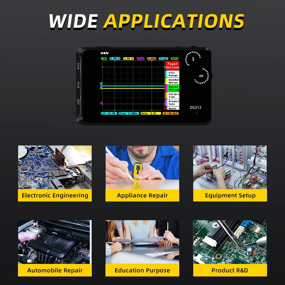 Pocket Oscilloscope DS212, Portable Oscilloscope Mini Size Handheld, Built-in Rechargeable Battery, 2 Channels, 1Mhz Bandwidth, Entry Level Oscilloscope for Beginner