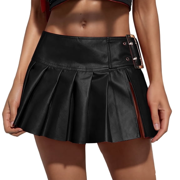 DHFJKG Skirts For Women Pu Leather Buckled Low Rise Pleated Mini Skirt A Line Night Out Party Club Cozy Skirt