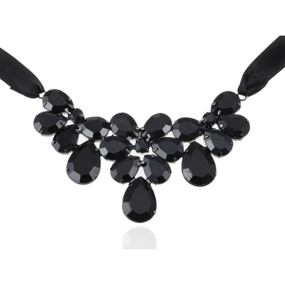 Jet Black Shiny Stones Victorian Gothic Chunky Multi Layer Bib Tie Necklace