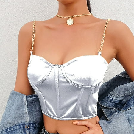 WHLBF Women s Clearance Top Summer Crop Satin Bustier Top Chain Strap Casual Padded Lingerie White S(S)
