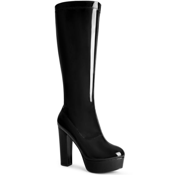 Unique Bargains Women's Patent Leather Platform Chunky Heel Knee High Boots Black (Size 7)