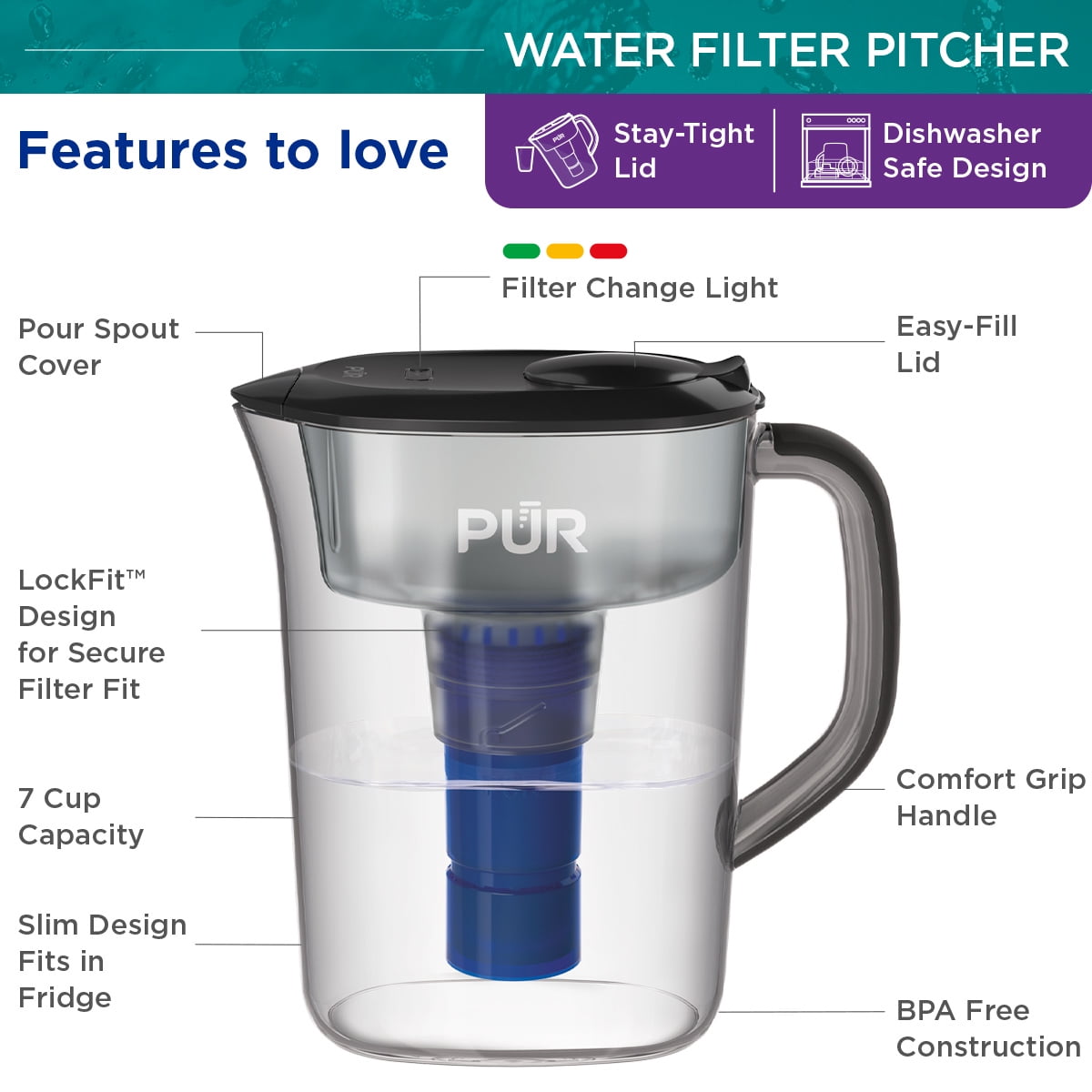 PUR PLUS 7 Cup Pitcher Filtration System, PPT711B, Black