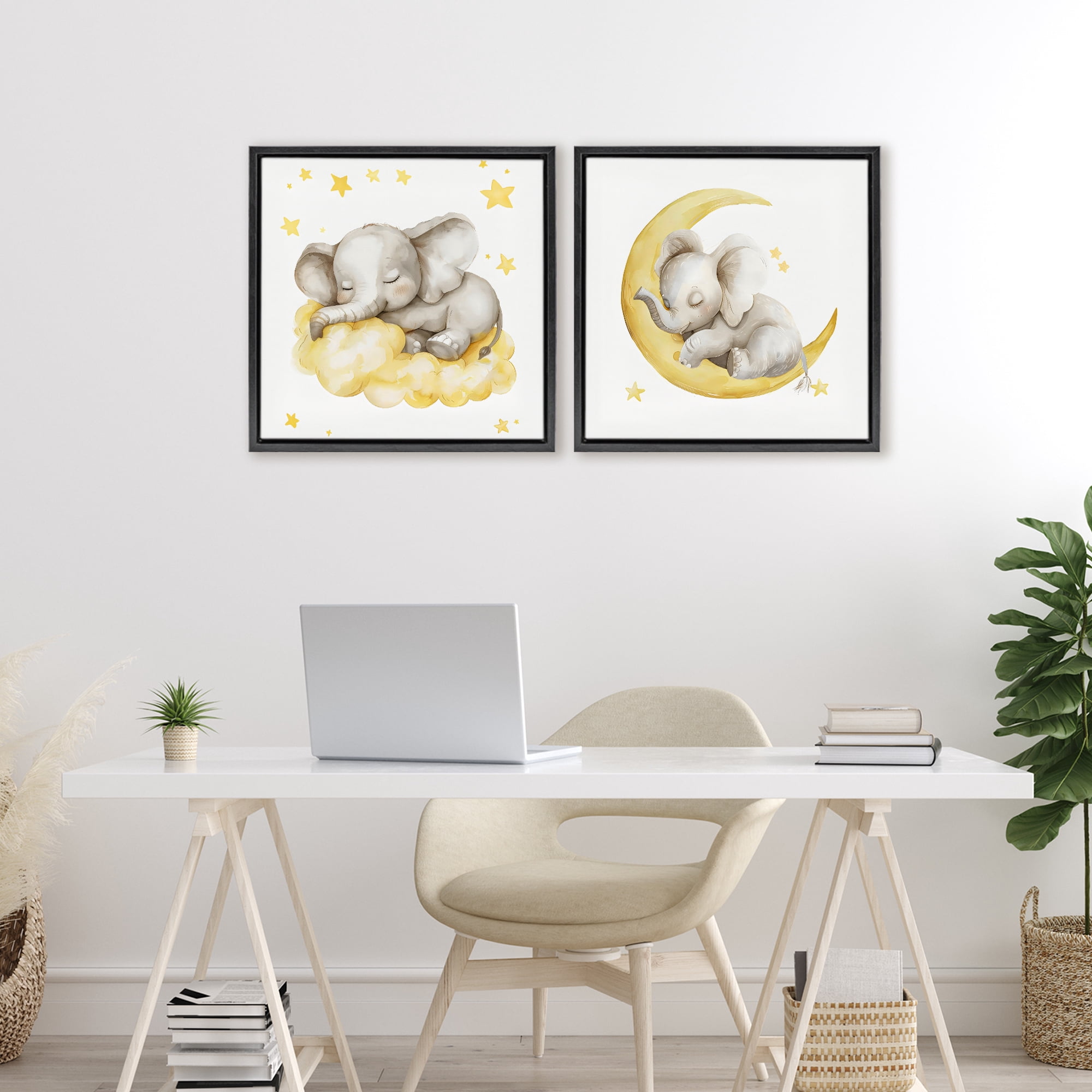 Stupell Industries Sleeping Elephant Moon and Clouds 2 Piece Black Framed Floater Canvas Set, design by LSR Design Studio