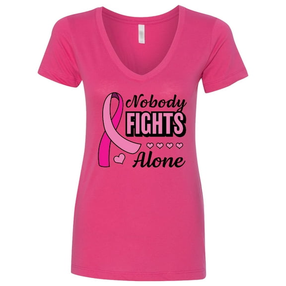 Inktastic Breast Cancer Awareness Nobody Fights Alone Pink Ribbon Women's V-Neck T-Shirt