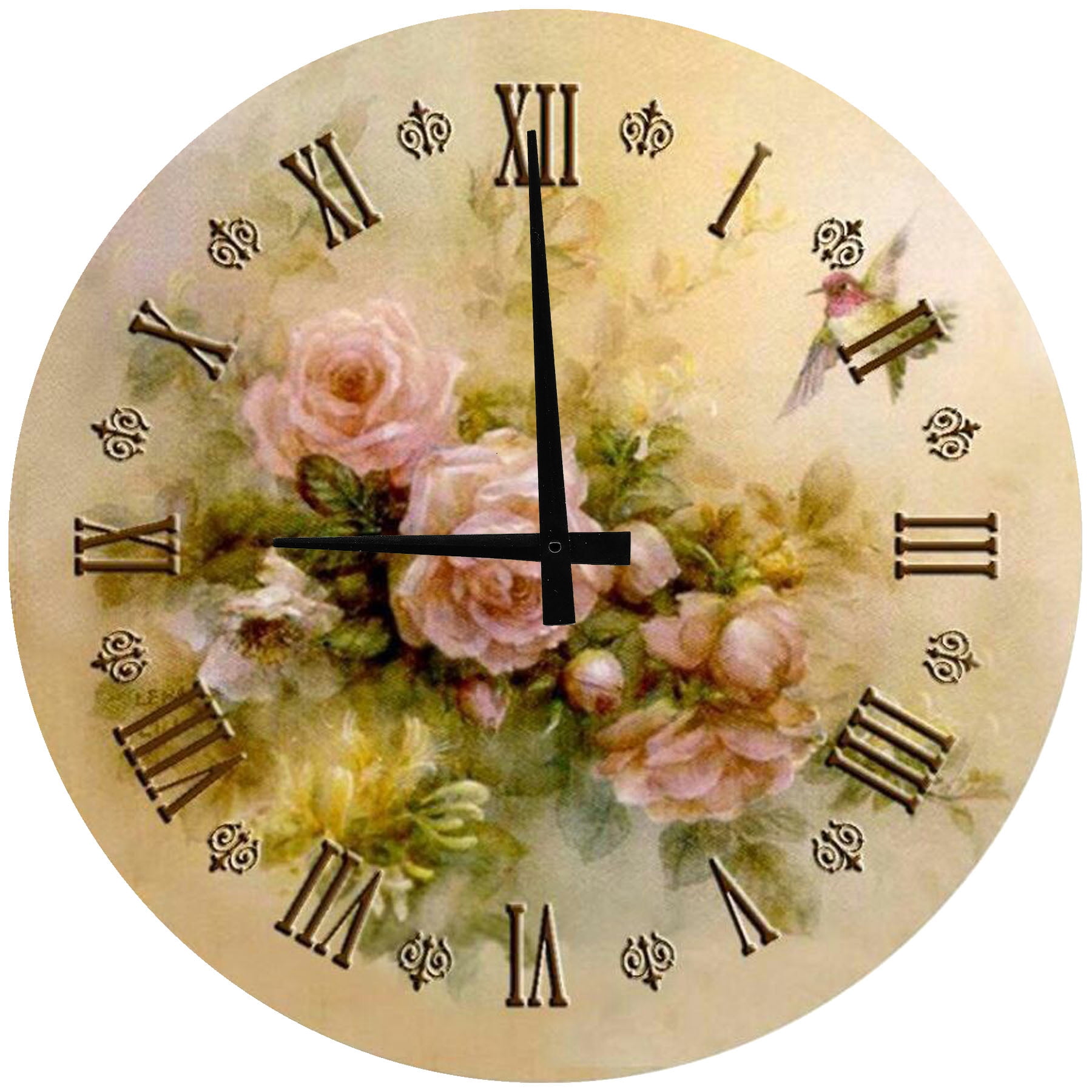 Round Wood Wall Clock Rustic Roses Floral Flowers Large Clock Wall Art