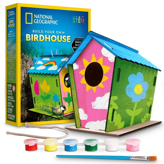 National Geographic Build Your Own Birdhouse Kit – DIY Wooden Craft Set with Paint, Brush, Journal, and Poster for Kids