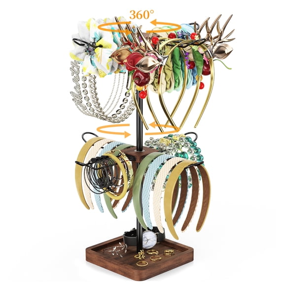 Rotatable Headband Organizer, 2 Tier Head Tie Holder, Hair Hoop Display Stand, Wooden Head Band Storage with 8 Metal Brackets, Scrunchie Rack for Bracelet, Jewelry, Claw Clip （Brown）