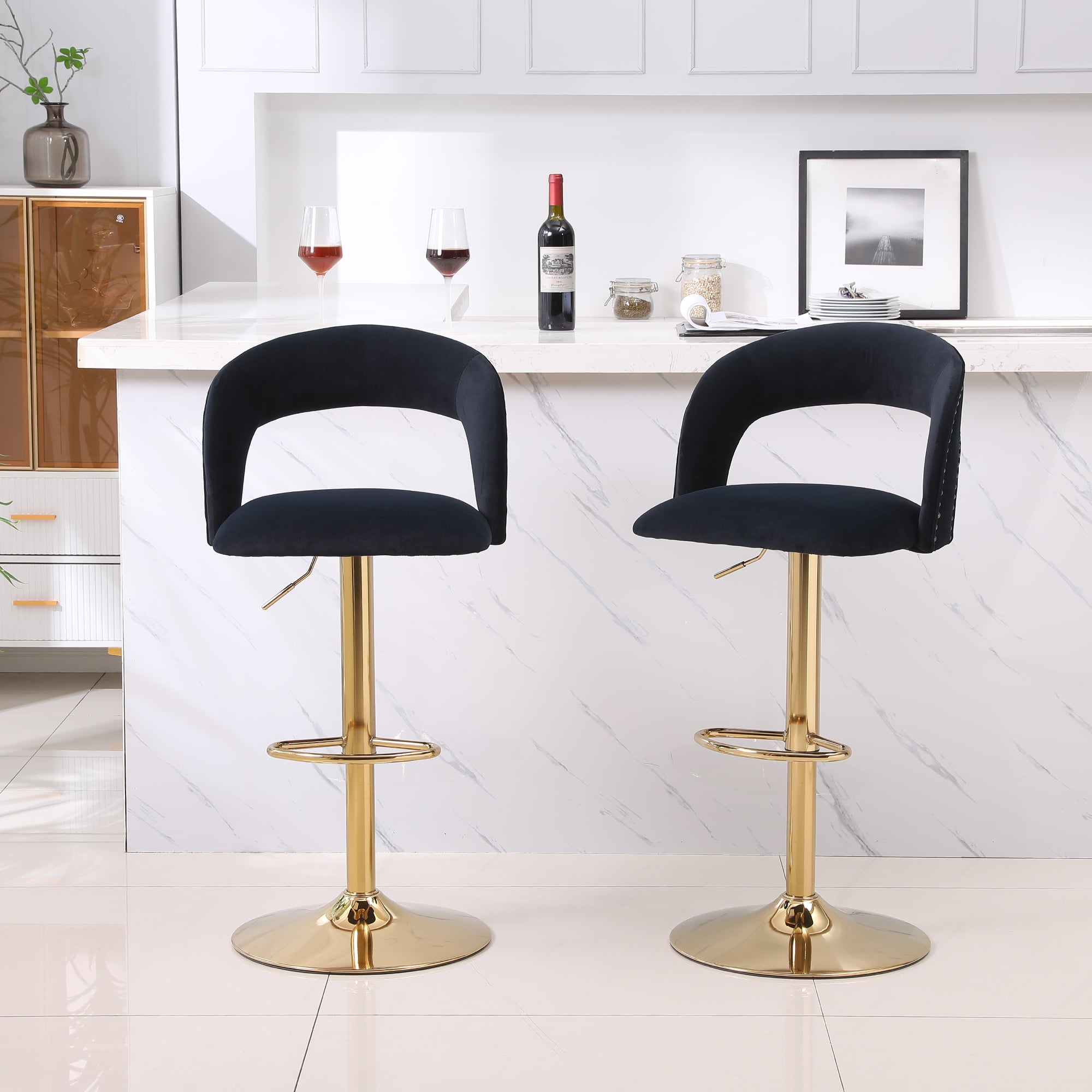 YYAo Swivel Bar Stools Chair Set of 2, Modern Adjustable Counter Height Bar Stools, Velvet Upholstered Stool with Back& Footrest for Kitchen, Black YYAo Swivel Bar Stools Chair Set of 2, Modern Adjustable Counter Height Bar Stools, Velvet Upholstered Stool with Back& Footrest for Kitchen, Black