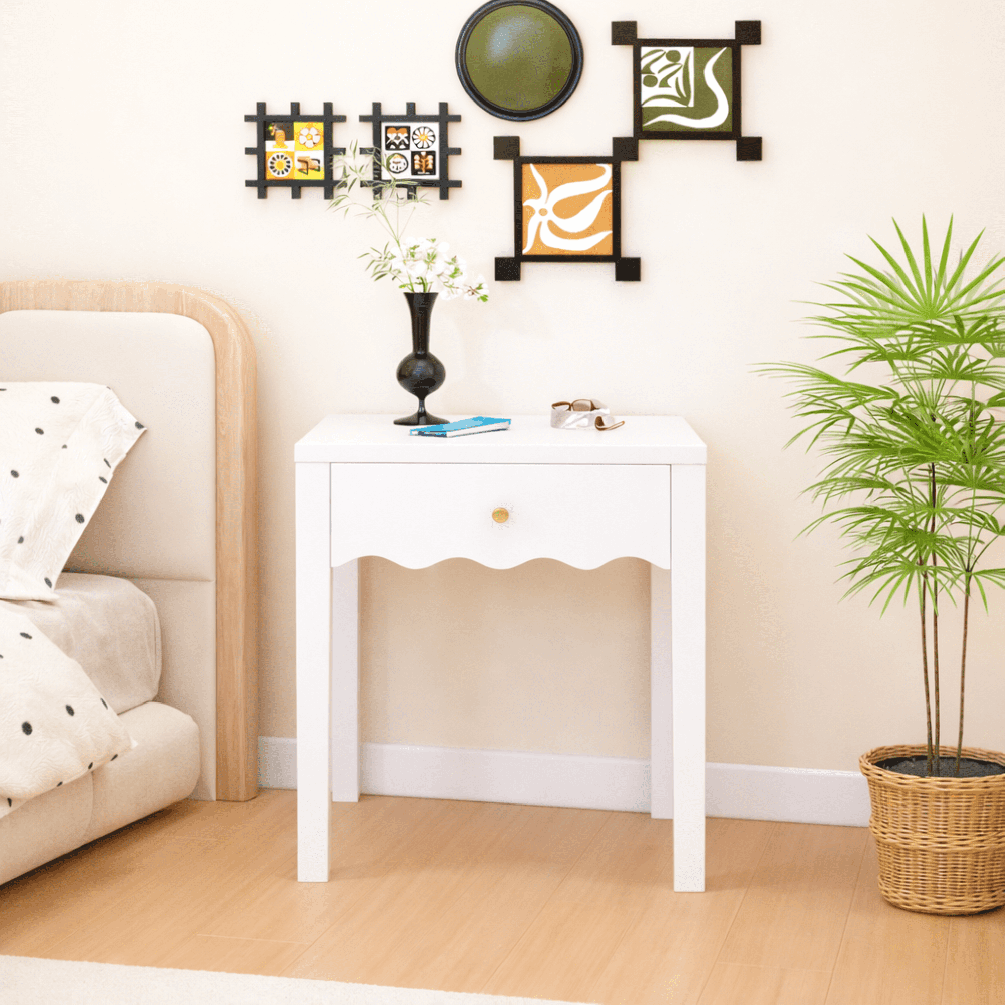 White Nightstand with Drawer, Modern Bedside Table with Wavy Apron Design, Compact End Table for Bedroom Living Room, Small Side Table with Storage