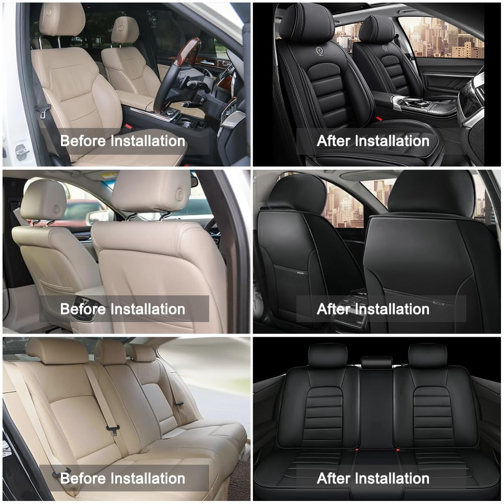 AFUNTIO Leather 5 Seat Covers for Ford 99% Models,Car Seat Cushions Full Set,Waterproof Car Sit Protectors,Nonslip Interior Accessories(Solid Black)