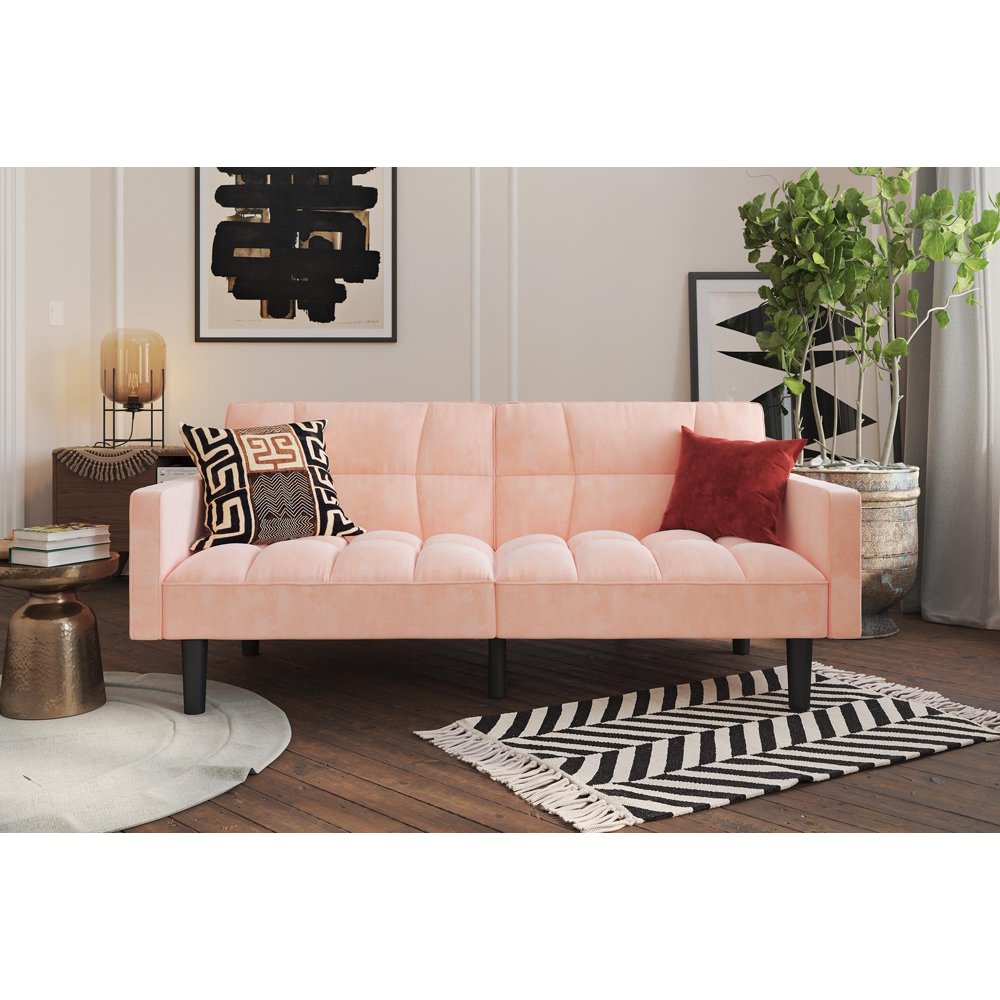 DHP, Harper Convertible Sofa Sleeper Futon with Arms, Pink Microfiber