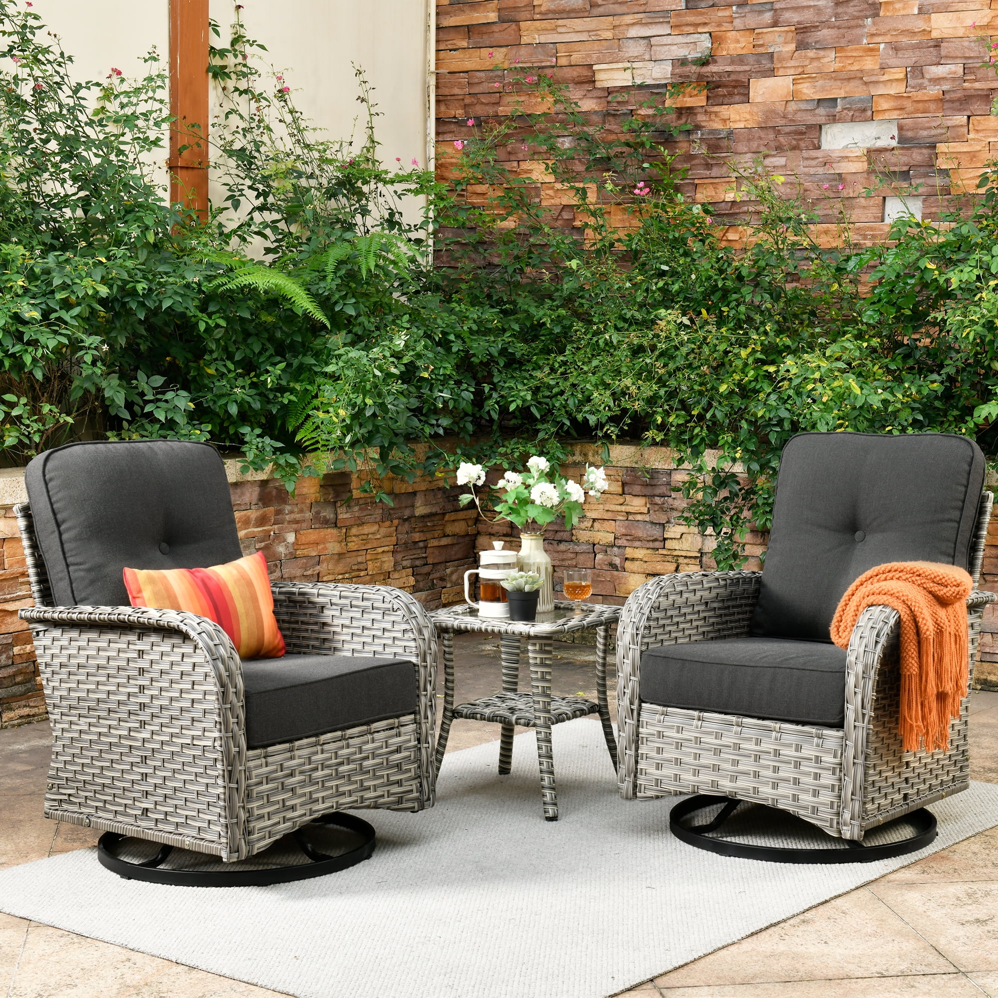 XIZZI 3-Piece Patio Furniture Set High Back Patio Conversation Chairs Set Outdoor Swivel Glider Rocker Chairs Wicker Outdoor Rocking Swivel Chairs with Side Table for Porch, Black
