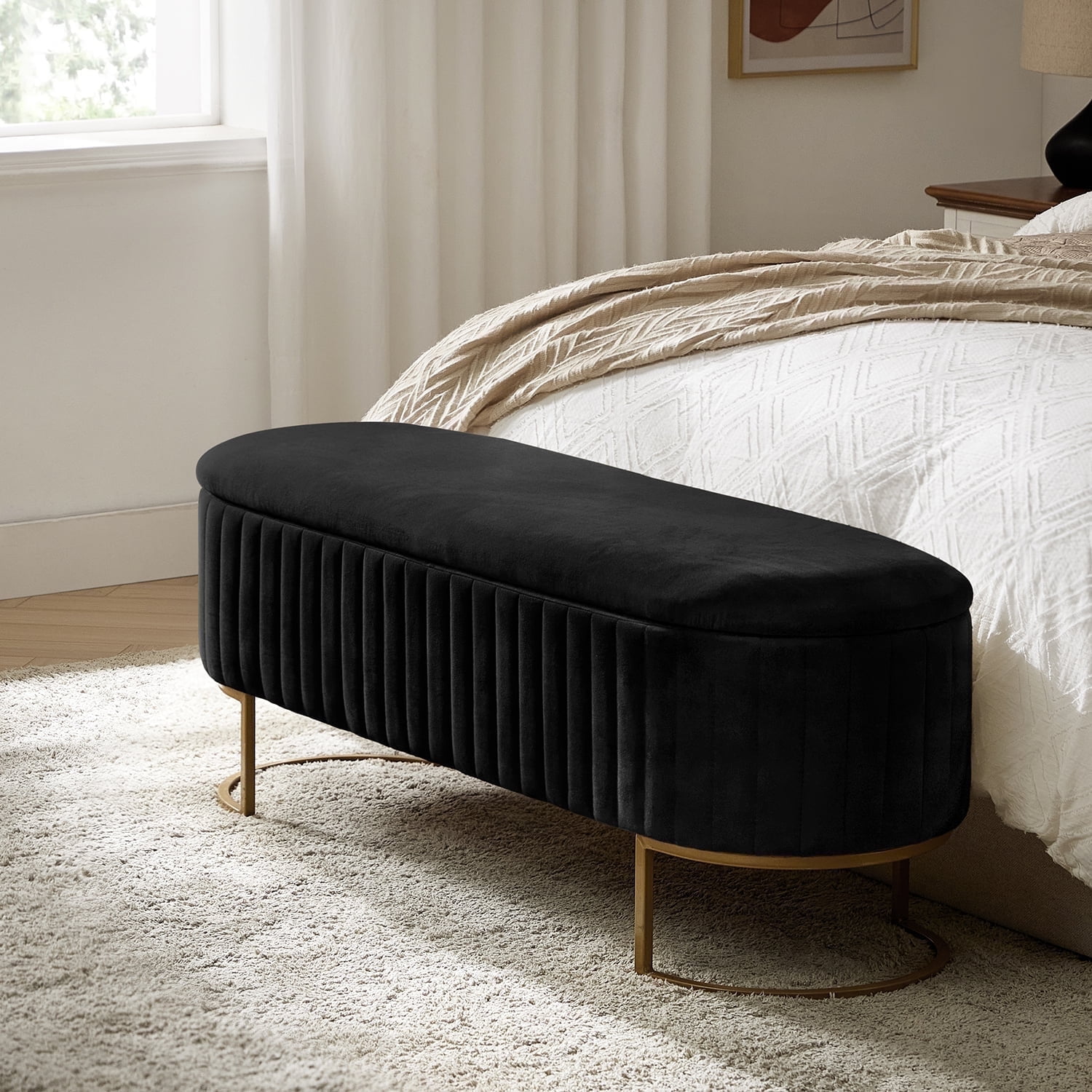 50.5" Upholstered Storage Bench For End of Bed Entryway Bedroom Ottoman Black