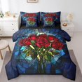 thumbnail image 1 of Roses Rouges Ensemble de Literie 7 Pcs Double, Jardin Naturel Fleurs Épanouies Romantique Lit en Sac pour Jeunes, Ensemble de Couette Patchwork Style Vitrail Artistique avec Draps, Housses d'Oreiller, 1 of 1