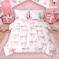 Manfei Cartoon Bowknot 7-Piece Twin Bedding Sets,Geometric Polka Dot Bedding Comforter Set,Pink White Sheet Sets For Girls,Microfiber Bedroom Decor Reversible
