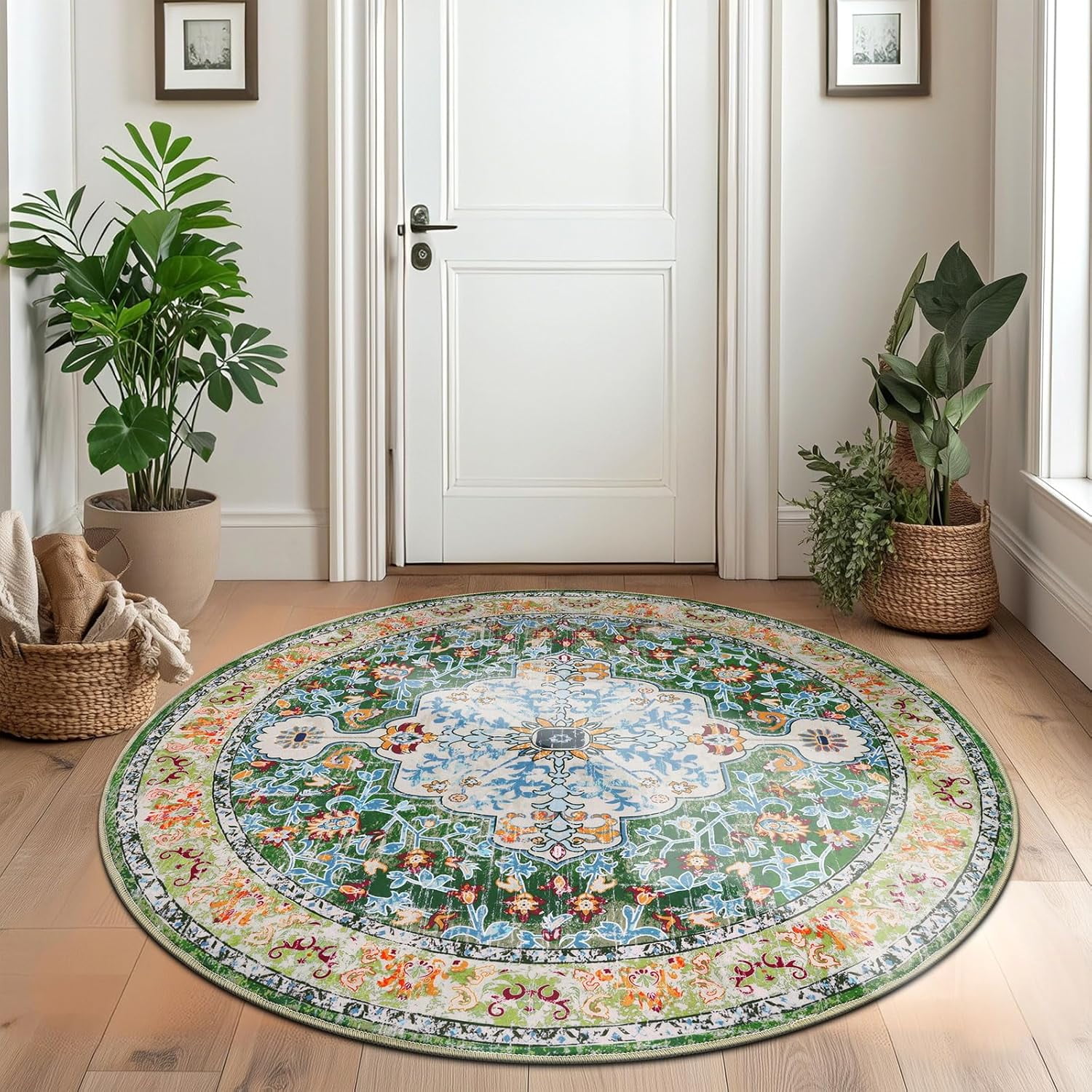 4 ft Round Area Rug, Yamaziot Boho Vintage Oriental Circle Carpet, Washable Non Slip Non Shedding Soft Faux Indoor Floor Mat Rug for Bedroom Living Room Sofa Office, Green