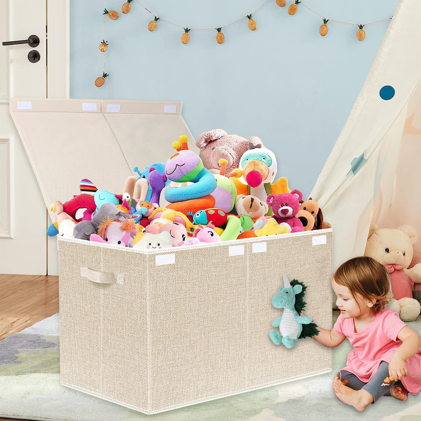 Homyfort Large Toy Box Chest Storage with Lid, Collapsible Kids Toy Container Bins for Playroom,Boys, Girls, Nursery Room, Playroom 25*13*16 inch( Beige)