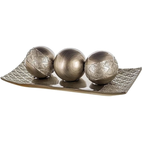 Silver Decorative Tray and Orbs Balls Set - Centerpiece Bowl with Balls for Dining room Table, Rustic Coffee Table Decor for Living Room Decor, Gift Boxed