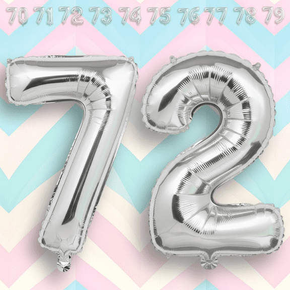 Silver Number 72 Mylar Foil Balloon 40 inch - Helium or Air Filled Metallic Balloons for 72nd Birthday Party Decorations for Grandma, Grandpa