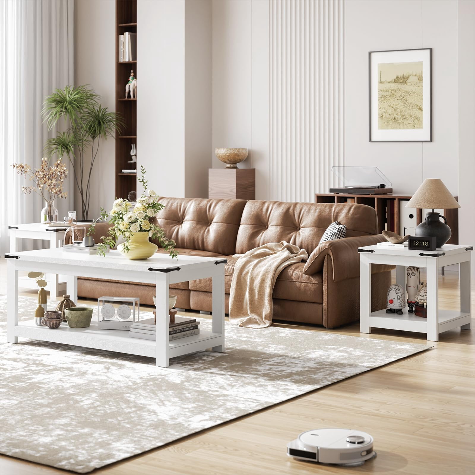 Homieasy 20-Inch Square Farmhouse End Table with Storage Shelf - Industrial Style for Bedroom & Living Room,White