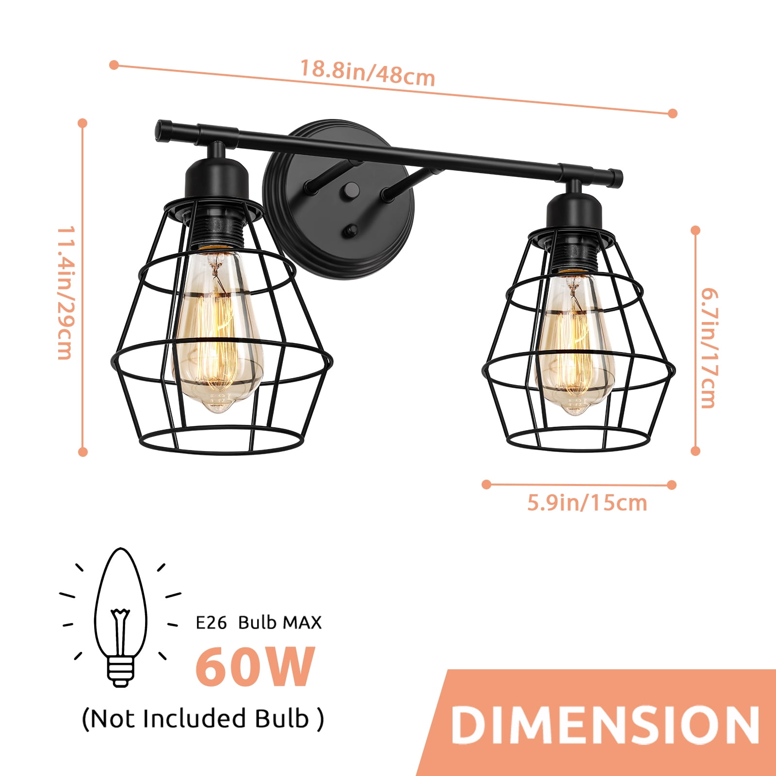 Bathroom Wall Lamp Black 2 Lights for Industrial Vanity Light with Metal Cage Vintage Wall Lamp for Farmhouse Dresser Dresser Dressing Table Mirror Cabinet Set of 2