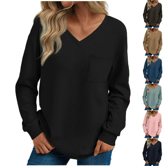 ATOYSOY Women's Workout Solid Color Pullover Spring Long Sleeve Shirts Winter Loose Tops with Pockets Casual Blouse Fleece V Neck Sweatshirts Fashion Black L