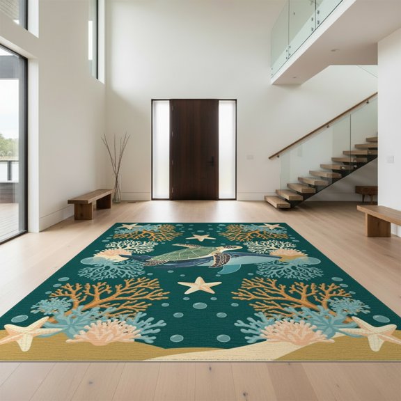 Design&I 8'x10' Washable Area Rug Turtle Nautical Coral Reef Starfish Border Underwater Crab Whale Flowing Dynamic for Living Room, Family Extra Large Skid-Resistant Low Profile