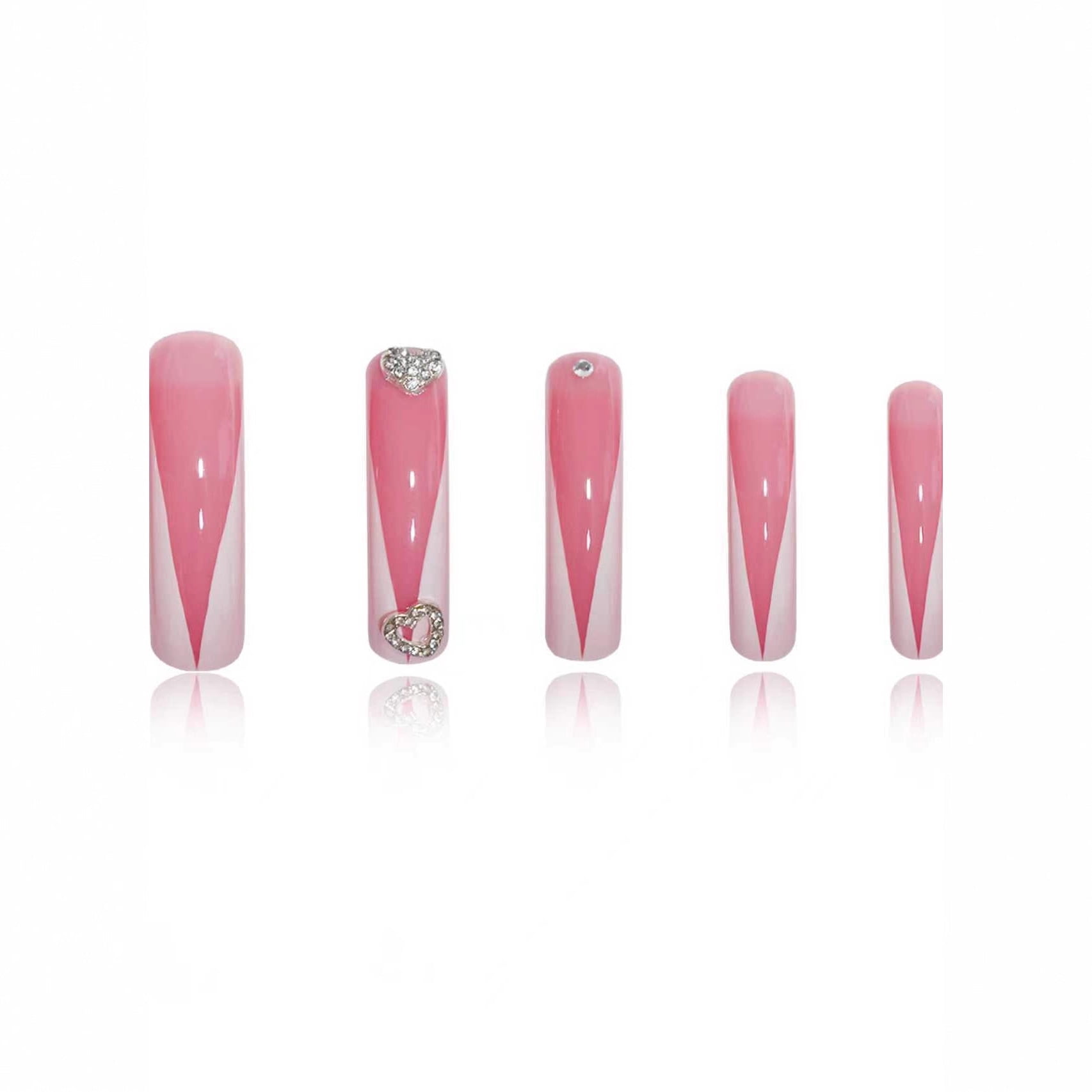 Super long curved nail pieces, sweet and cool flash rhinestone love texture embellishment, wearing fake nails, finished product wholesale