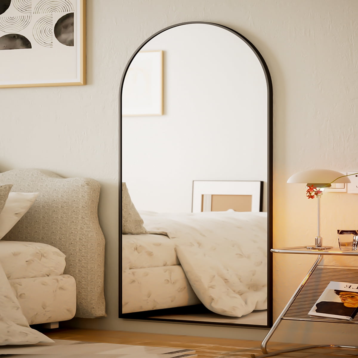 GRAHMCY 77"x38" Arched Full Length Floor Mirror Free-standing Mirror with Aluminum Alloy Frame, Black