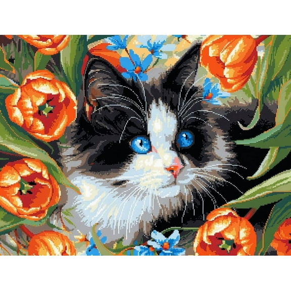 Cute Black White Cat Lying in Tulips Flower DIY 11CT Stamped Cross Stitch Kits for Beginners Easy Needlepoint Embroidery Counted Cross Stitch Art Craft for Wall Decoration 12x16inch(5)