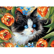 Cute Black White Cat Lying in Tulips Flower DIY 11CT Stamped Cross Stitch Kits for Beginners Easy Needlepoint Embroidery Counted Cross Stitch Art Craft for Wall Decoration 12x16inch(5)
