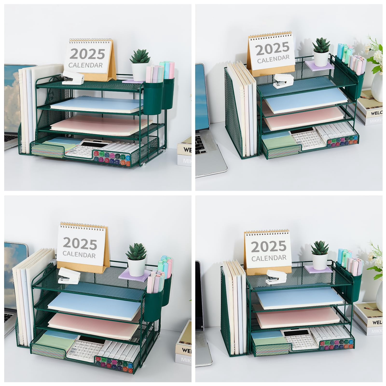 Desk Organizer  4-tier Desktop File With Drawer And 2 Pen Holders Office Accessories Sorters Workspace Organizers For Supplies(dark Green)