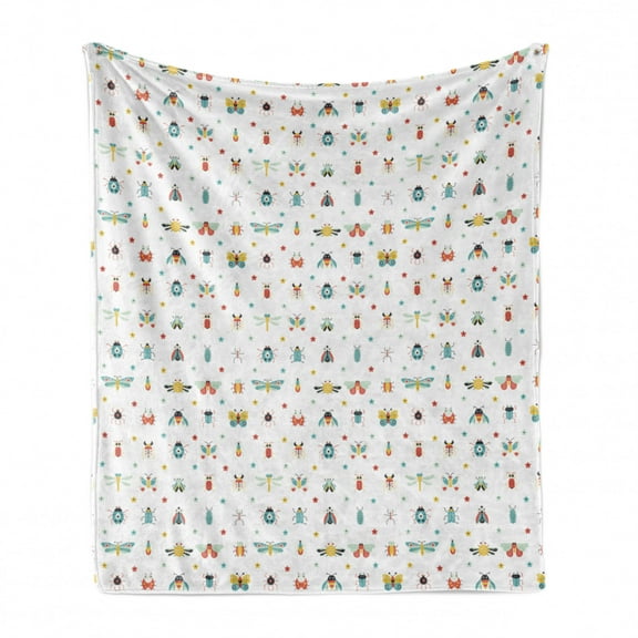Insects Soft Flannel Fleece Throw Blanket, Continuous Pattern Colorful Various Bugs and Little Stars on Plain Backdrop, Cozy Plush for Indoor and Outdoor Use, 50" x 70", Multicolor, by Ambesonne
