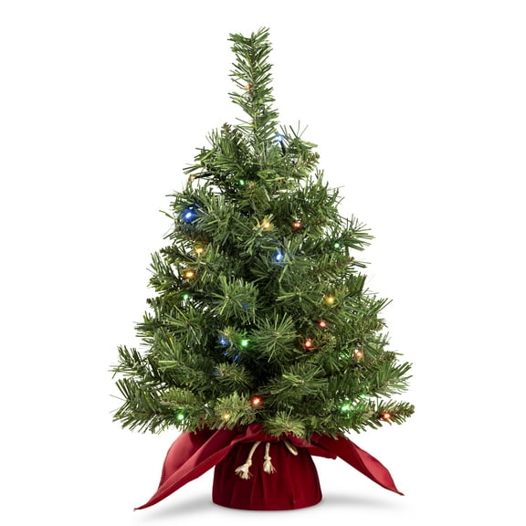 212 Main Majestic Spruce 2 FT Christmas Tree in Burgundy Cloth Bag with 35 Multicolor Battery Operated LED Lights - Multicolored