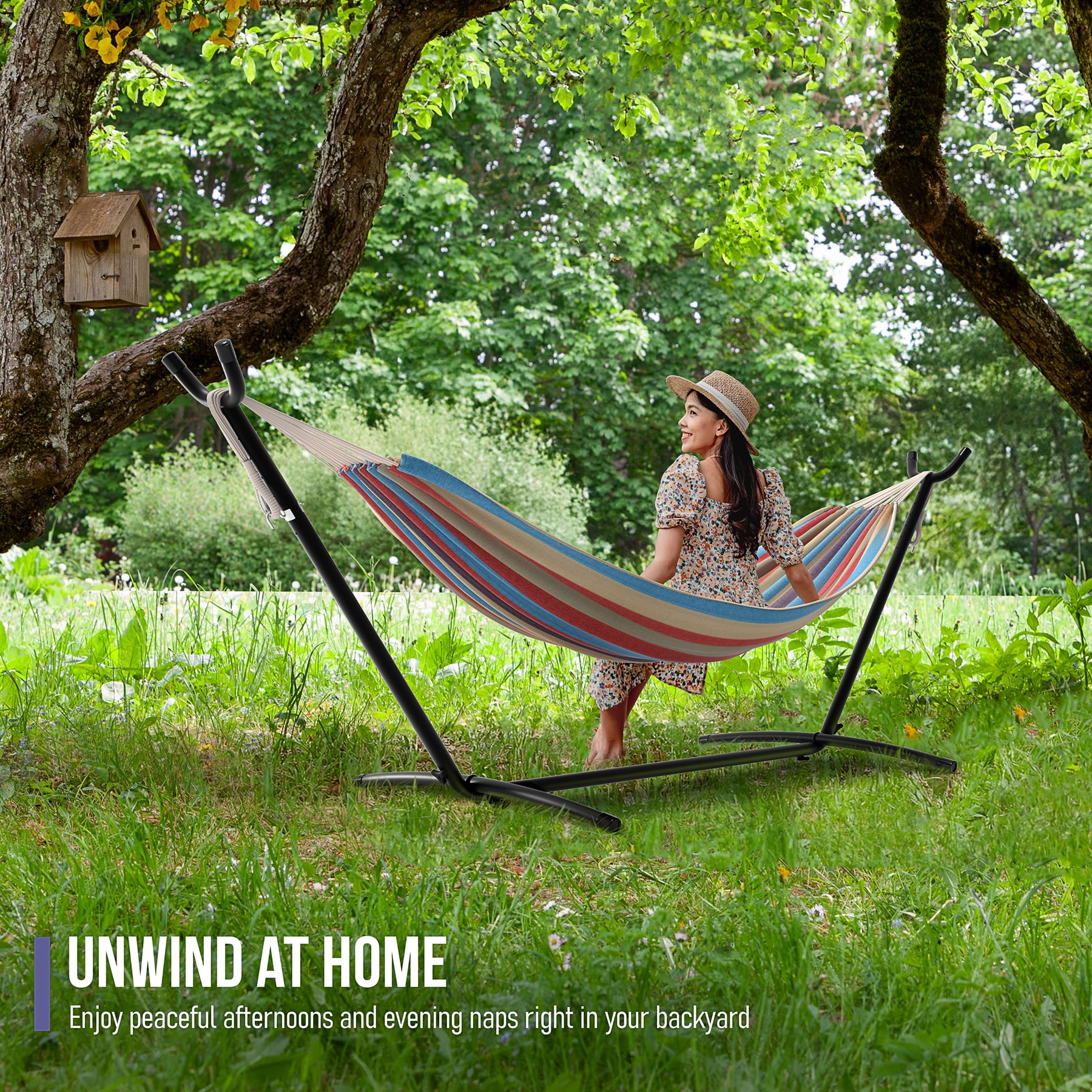 Sorbus Double Hammock w/ Steel Stand, Carry Case, 6 Tension Levels, 450 lb Capacity, Indoor/Outdoor Blue/Green