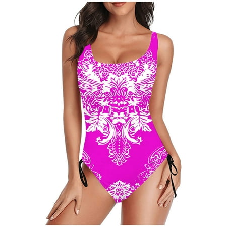 TrendVibe365 Womens Bathing Suits One Piece Hot Pink Swimsuits Thong Adjustable Shoulder Strap Floral Swimwear Beachwear XL
