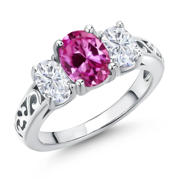 Gem Stone King 925 Sterling Silver Pink Created Sapphire and White Moissanite Filigree Style 3 Stone Ring for Women (2.65 Cttw, Oval 8X6MM and 6X4MM) (Size 7)