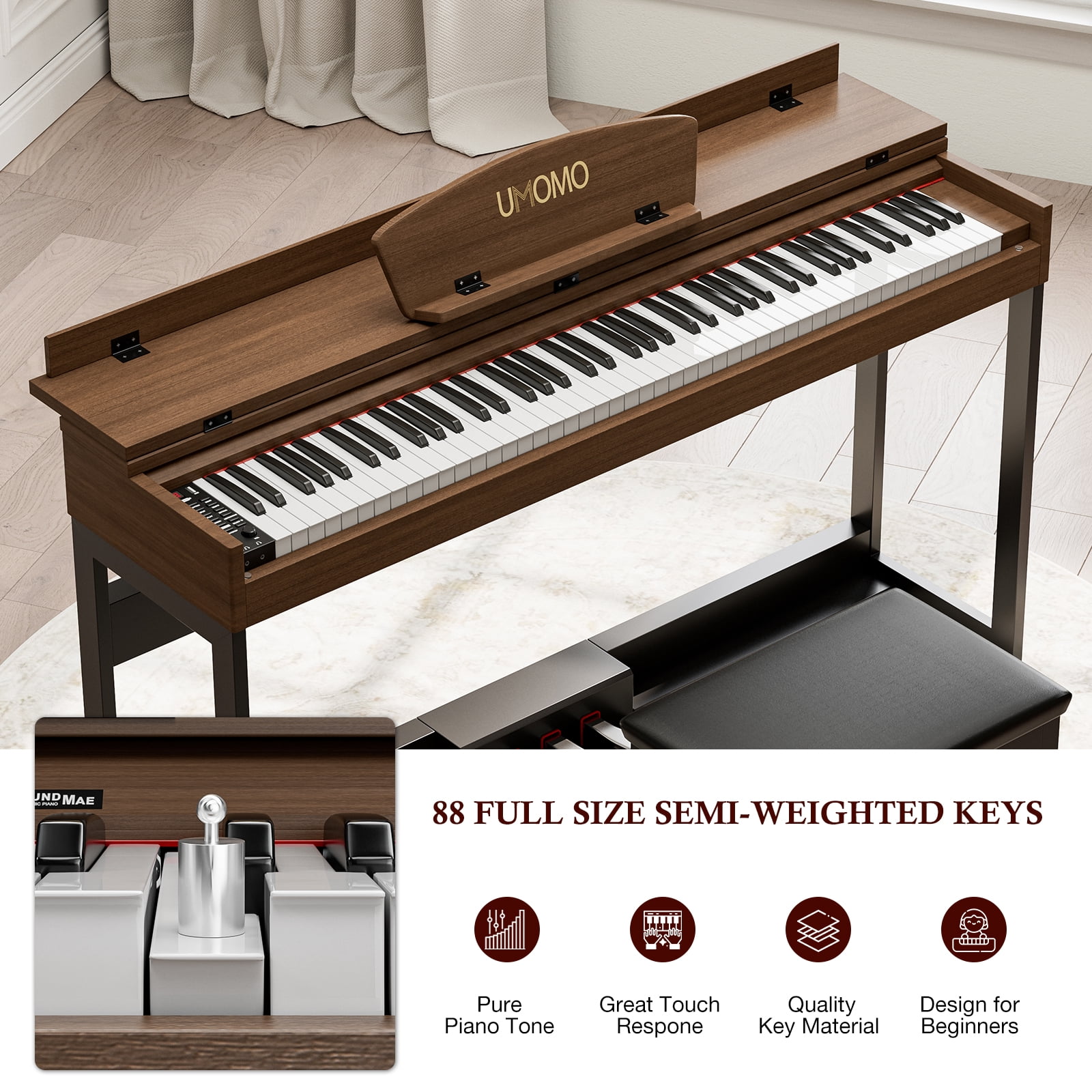 UMOMO 88 Key Digital Piano Keyboard, Full Size Electric Piano with Piano Metal Stand, Headphone Jack, 3 Pedal, Electronic Piano for Beginner, Adults, Walnut
