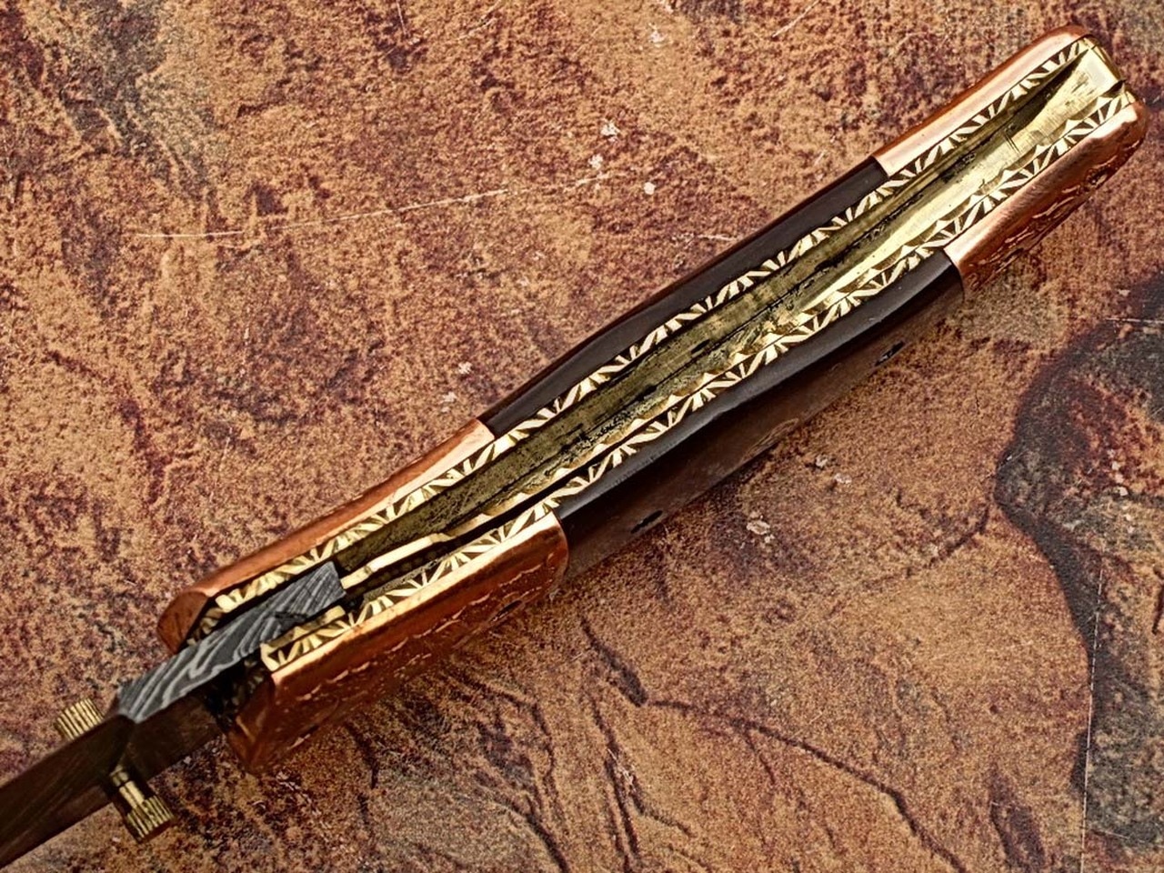 Executive Series Bakelite Folding Damascus Knife Solid Brass ENGRAVED Bolster