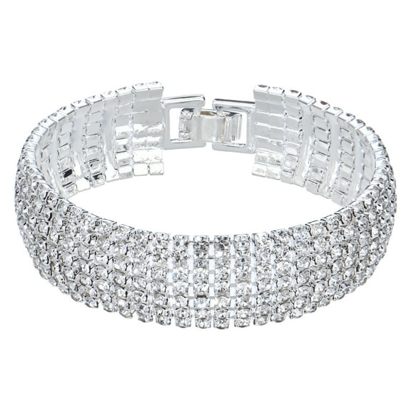 Sparkly Silver Plated Rhinestone Crystal Wide Multi-layer Chain Bracelet for Women Wedding Prom Costume Jewelry