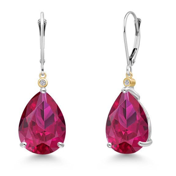 Gem Stone King 925 Silver and 10K Yellow Gold Red Created Ruby and Lab Grown Diamond Dangle Earrings for Women | 19.27 Cttw | Gemstone July Birthstone | Pear Shape 16X12MM